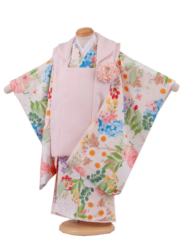 七五三レンタル （3歳女児被布）3611 花わらべ ピンク×薄ベージュ季節の花々