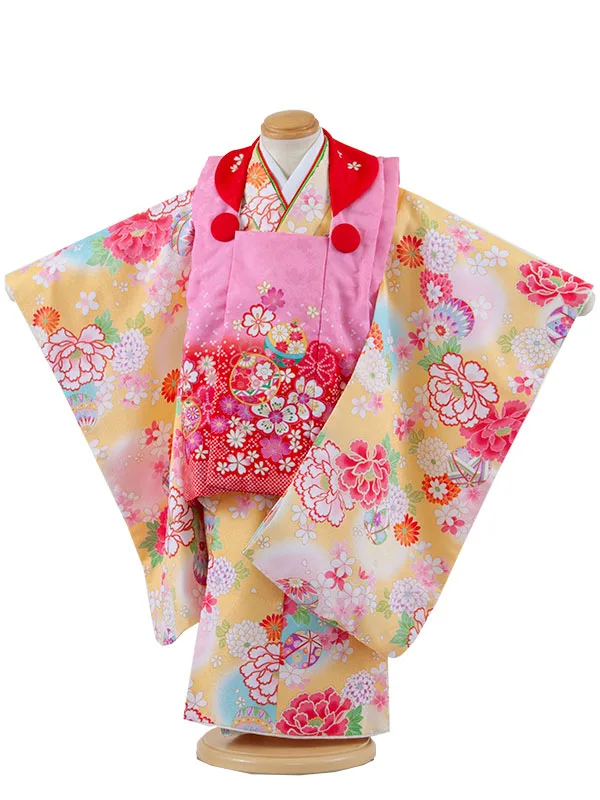 七五三レンタル （3歳女児被布）3613 ピンク×黄色 牡丹