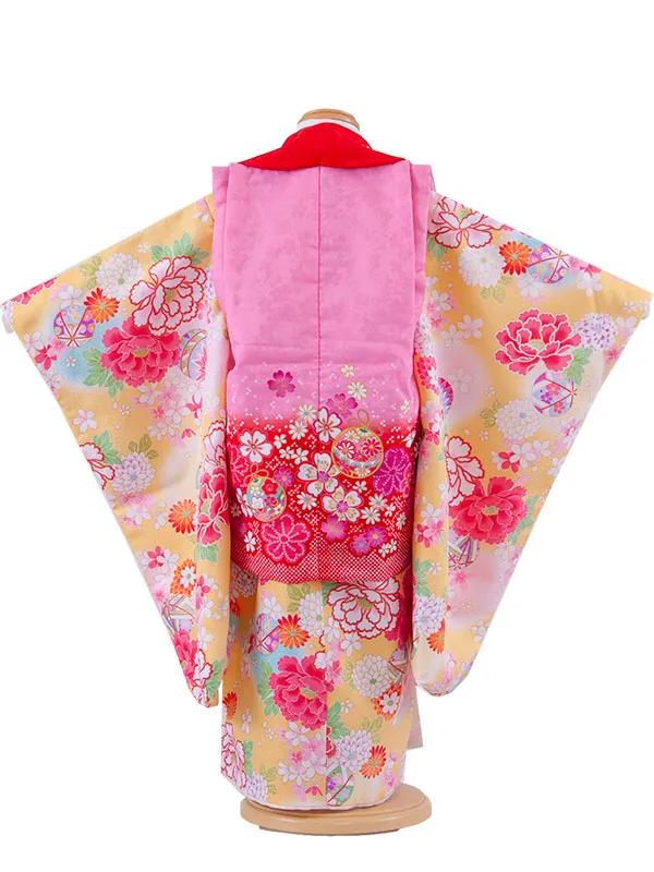 七五三レンタル （3歳女児被布）3613 ピンク×黄色 牡丹