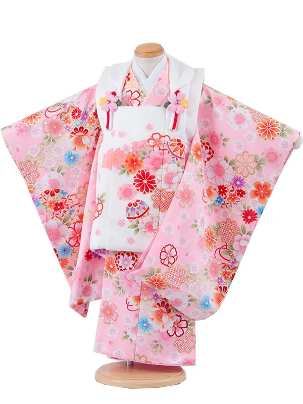 七五三レンタル （3歳女児被布）3614 白地×ピンク 桜 鞠