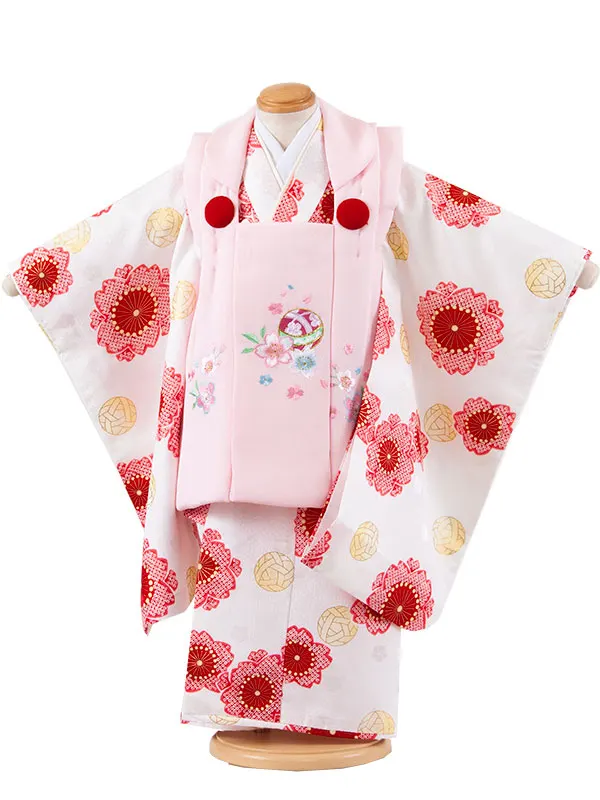 七五三レンタル （3歳女児被布）3615 ピンク×白地 桜 鞠