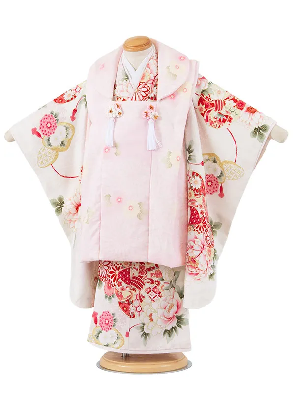 七五三レンタル （3歳女児被布）3625 華徒然 薄ピンク×オフホワイト 牡丹
