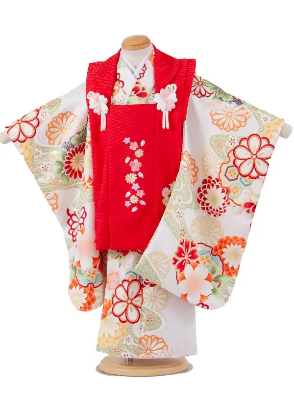 七五三レンタル （3歳女児被布）3634 赤×白 桜刺繍