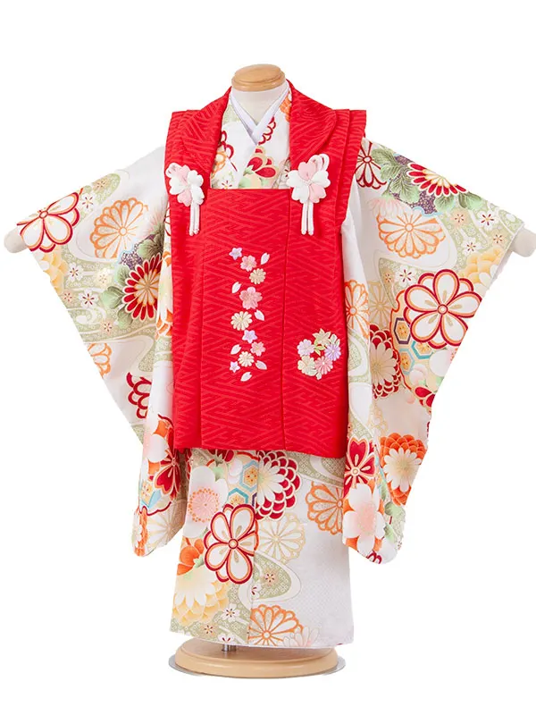 七五三レンタル （3歳女児被布）3634 赤×白 桜刺繍