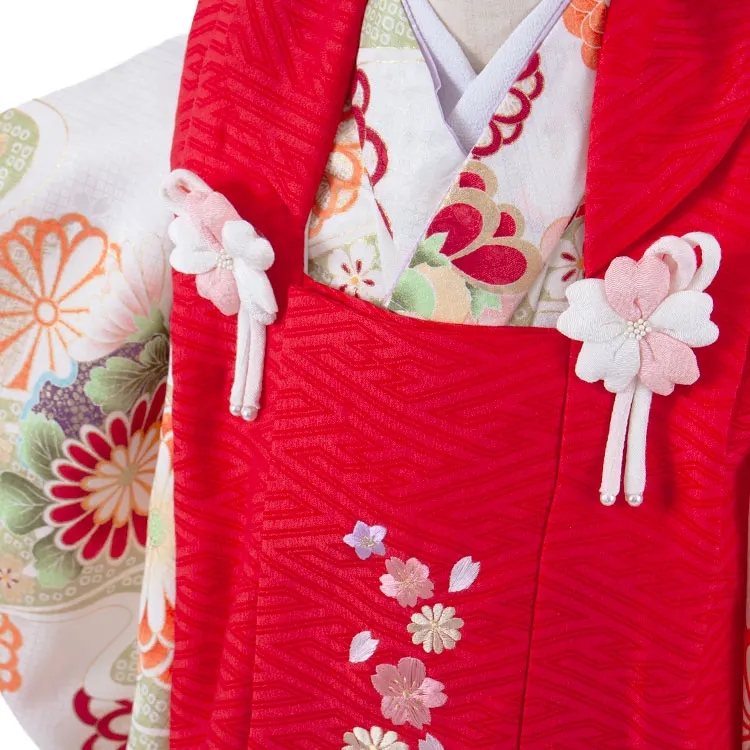 七五三レンタル （3歳女児被布）3634 赤×白 桜刺繍