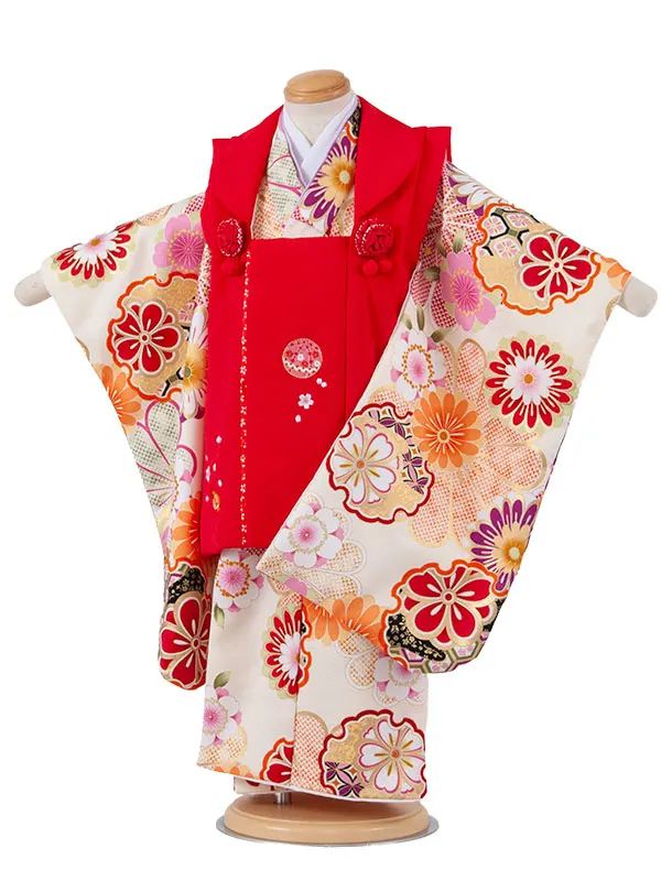七五三レンタル （3歳女児被布）3637 式部浪漫 赤×アイボリー 雪輪 菊