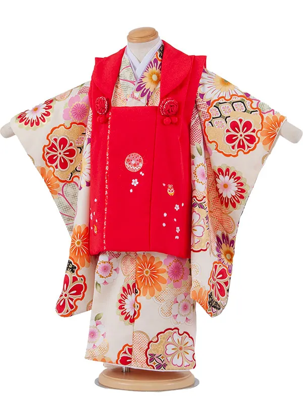 七五三レンタル （3歳女児被布）3637 式部浪漫 赤×アイボリー 雪輪 菊