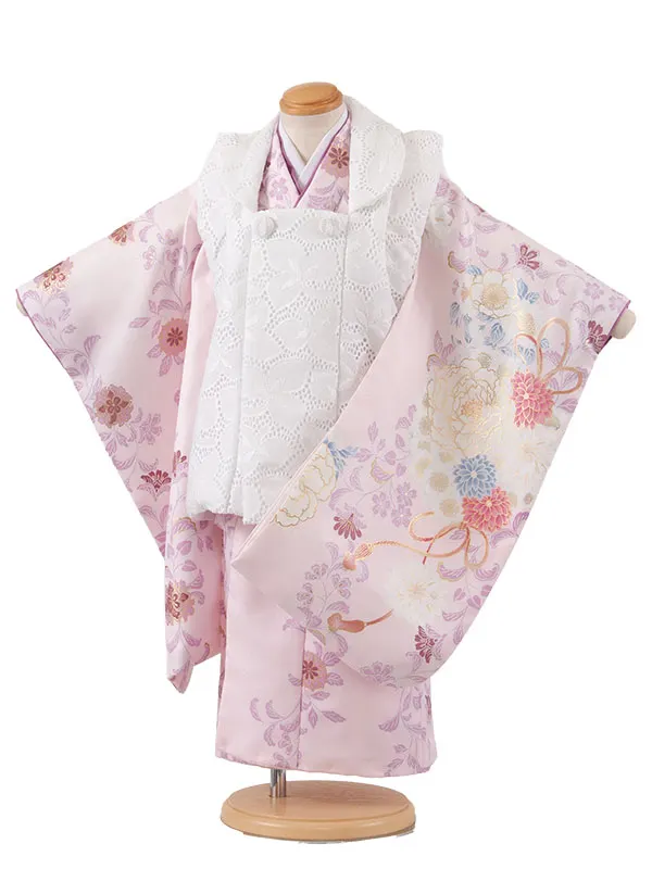 七五三レンタル （3歳女児被布）3645 白×ピンク 花束