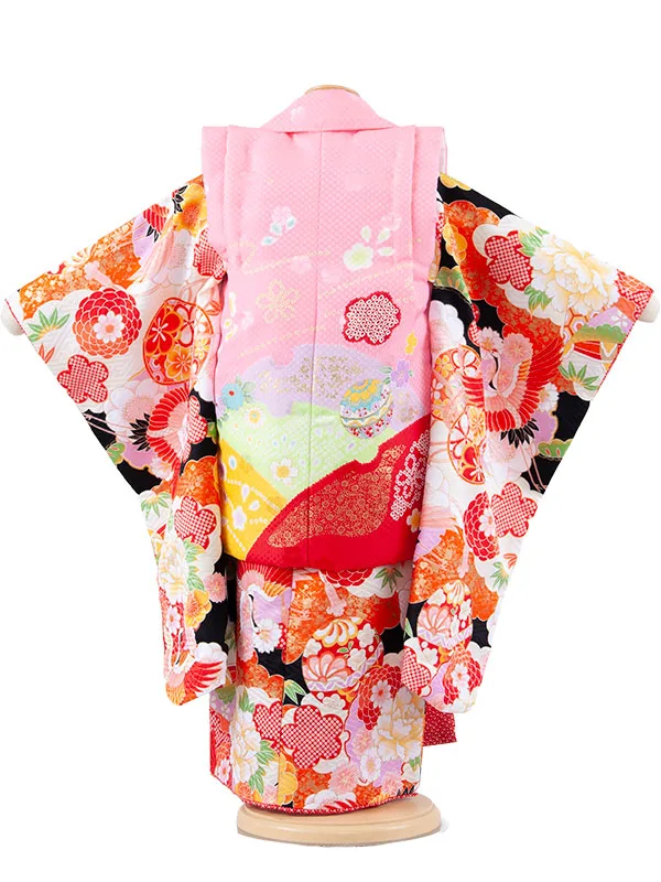 七五三レンタル （3歳女児被布）3652 ピンク×黒 鶴