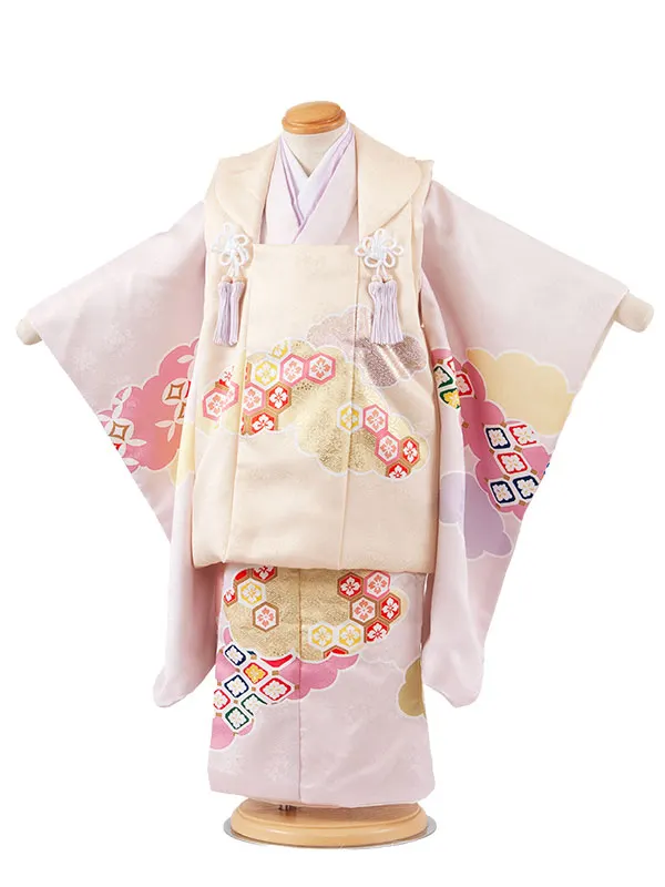 七五三レンタル （3歳女児被布）3653 ライトベージュ×薄ピンク 雲取り