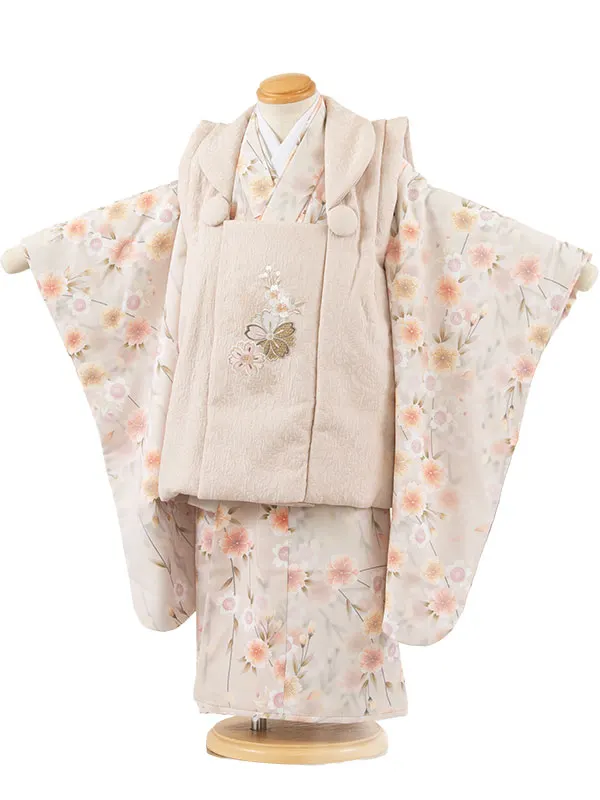 七五三レンタル （3歳女児被布）3664 ベージュ×ライトベージュ 桜