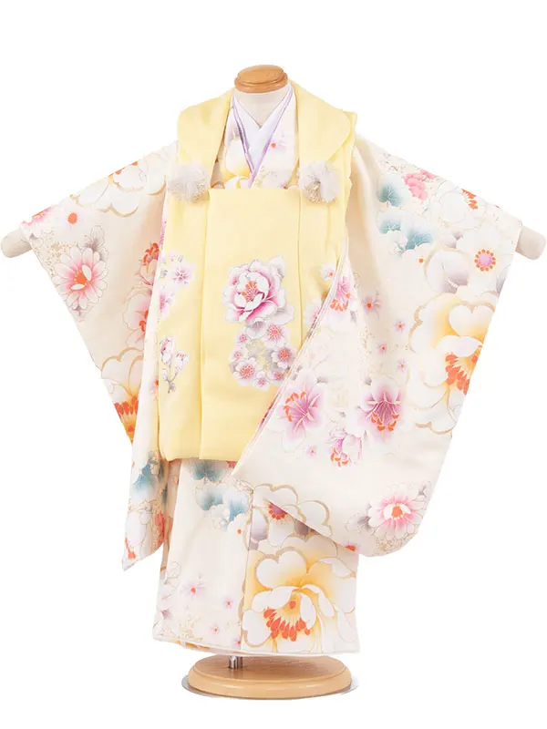 七五三レンタル （3歳女児被布）3668 Shinako 黄×クリーム 牡丹