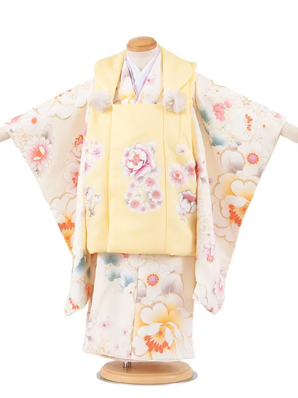七五三レンタル （3歳女児被布）3668 Shinako 黄×クリーム 牡丹