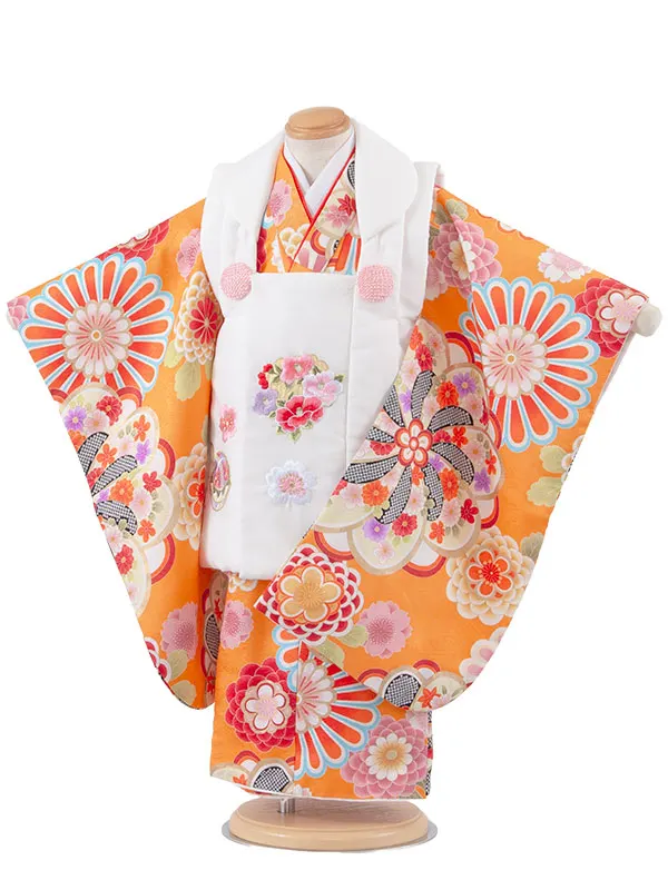 七五三レンタル （3歳女児被布）3670 白×オレンジ ねじり梅