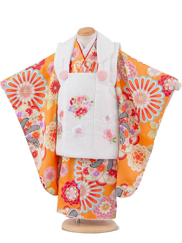 七五三レンタル （3歳女児被布）3670 白×オレンジ ねじり梅