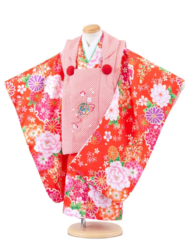 七五三レンタル （3歳女児被布）3671 赤×赤橙 牡丹