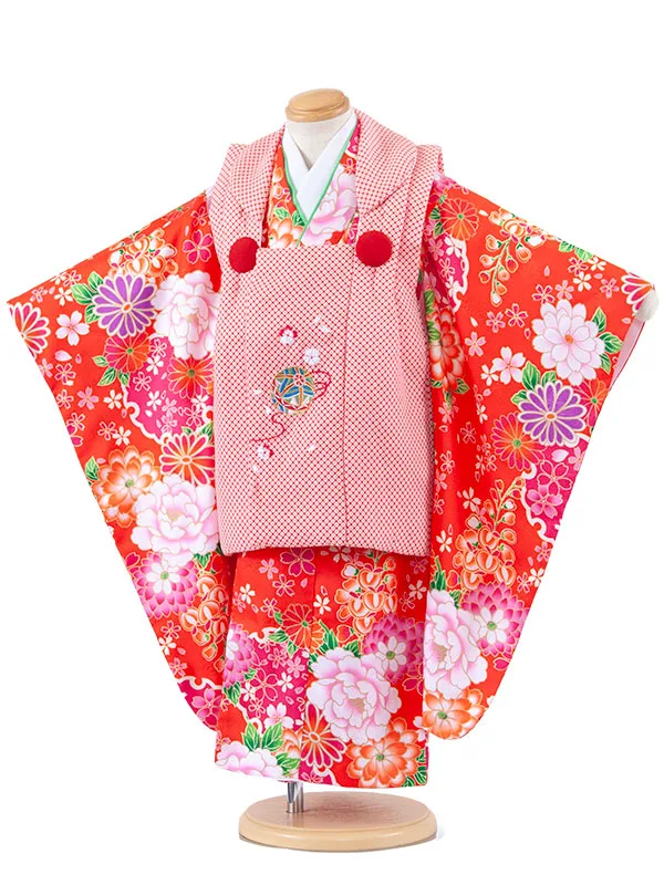 七五三レンタル （3歳女児被布）3671 赤×赤橙 牡丹