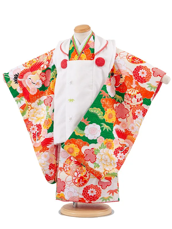 七五三レンタル （3歳女児被布）3676 白×緑 鶴 松竹梅