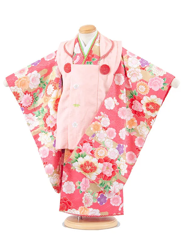 七五三レンタル （3歳女児被布）3678 サーモンピンク×ピンク 牡丹