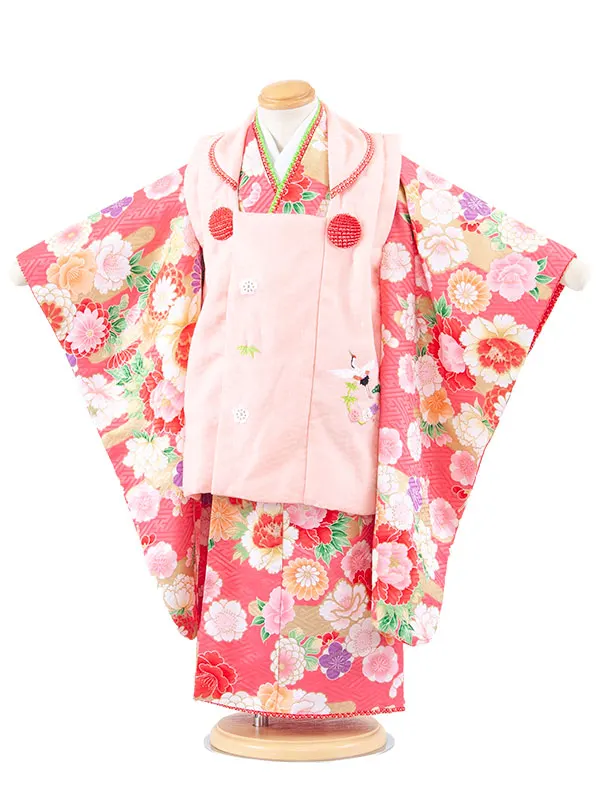 七五三レンタル （3歳女児被布）3678 サーモンピンク×ピンク 牡丹