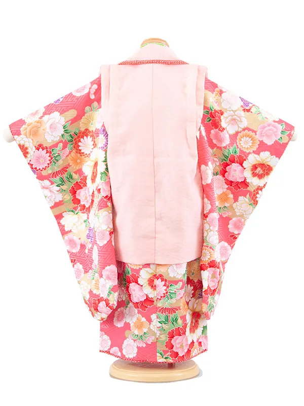 七五三レンタル （3歳女児被布）3678 サーモンピンク×ピンク 牡丹