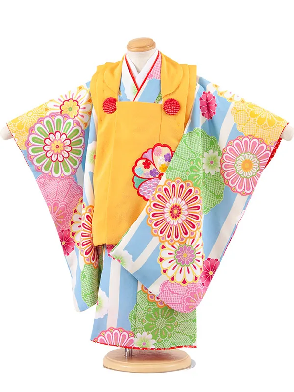 七五三レンタル （3歳女児被布）3679 からし×ブルーストライプ 菊