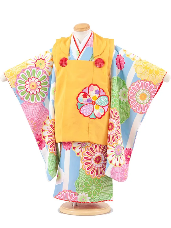 七五三レンタル （3歳女児被布）3679 からし×ブルーストライプ 菊