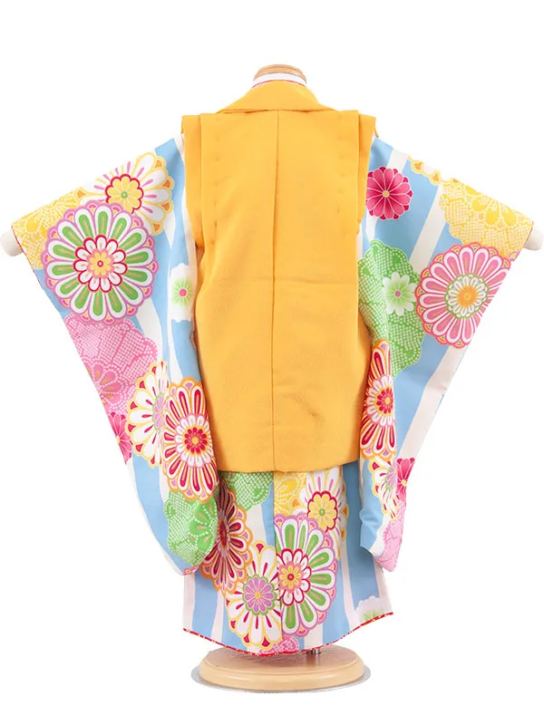 七五三レンタル （3歳女児被布）3679 からし×ブルーストライプ 菊