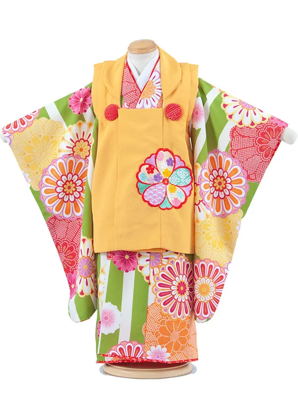 七五三レンタル （3歳女児被布）3680 からし×グリーンストライプ 菊