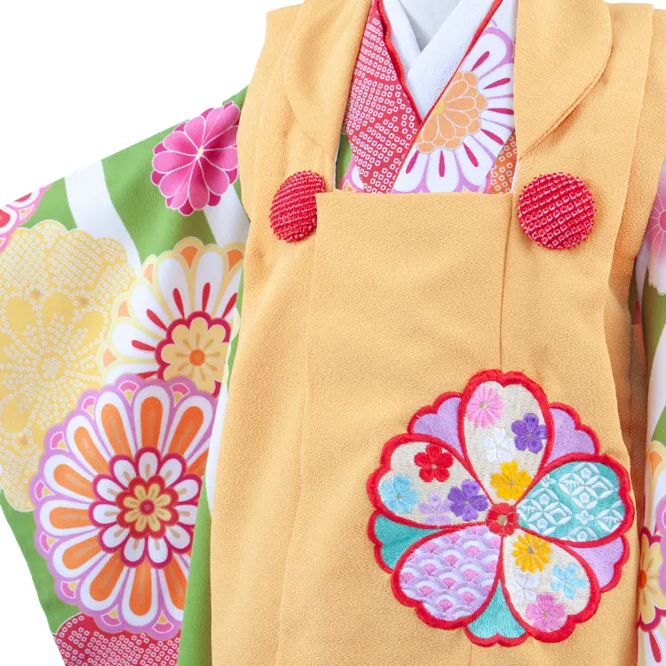 七五三レンタル （3歳女児被布）3680 からし×グリーンストライプ 菊