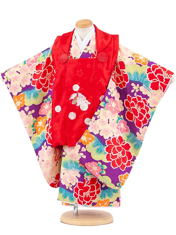 七五三レンタル （3歳女児被布）3682 赤×紫 牡丹