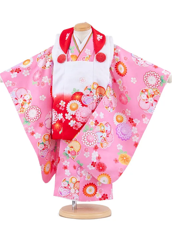 七五三レンタル （3歳女児被布）3683 白×ピンク ねじり梅