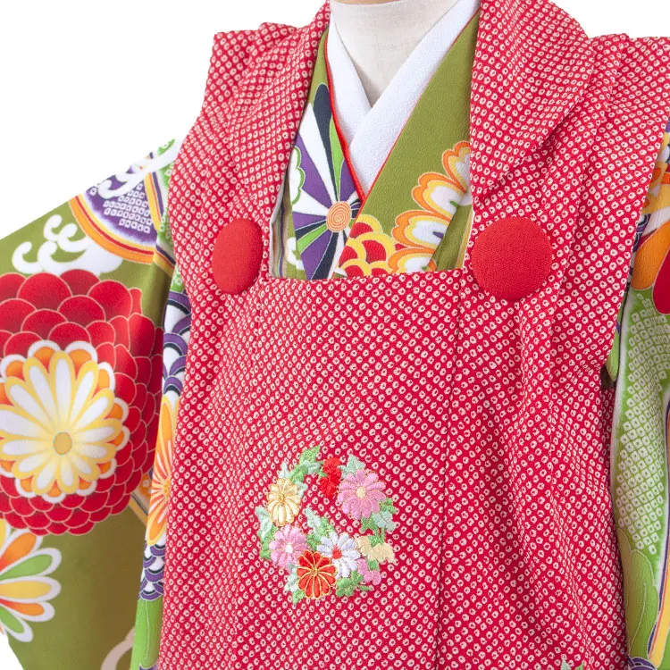 七五三レンタル （3歳女児被布）3685 赤×若草色 絞り調 菊