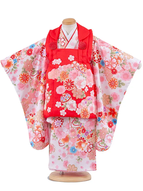 七五三レンタル （3歳女児被布）3686 赤×白 桜