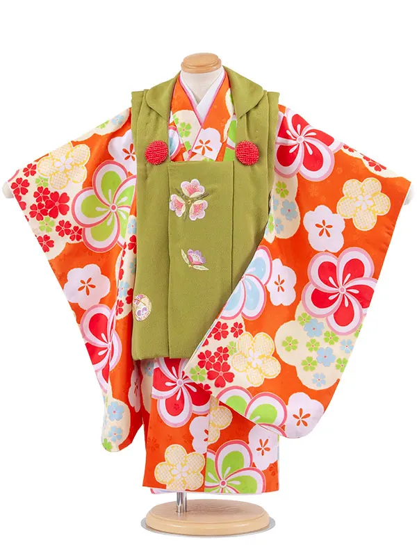 七五三レンタル （3歳女児被布）3687 若草色×オレンジ ねじり梅