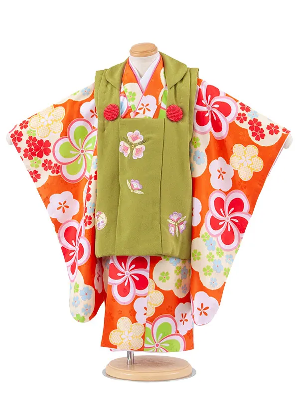 七五三レンタル （3歳女児被布）3687 若草色×オレンジ ねじり梅
