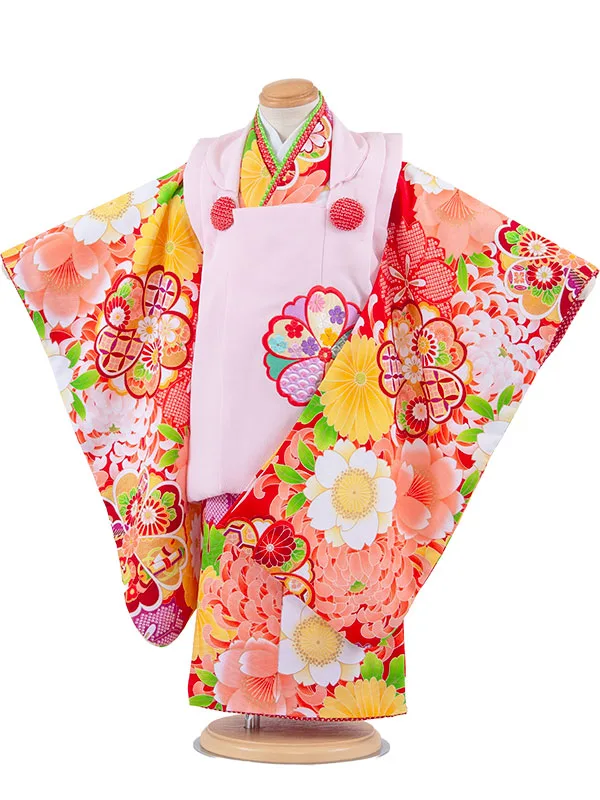七五三レンタル （3歳女児被布）3690 ピンク×赤 梅 桜