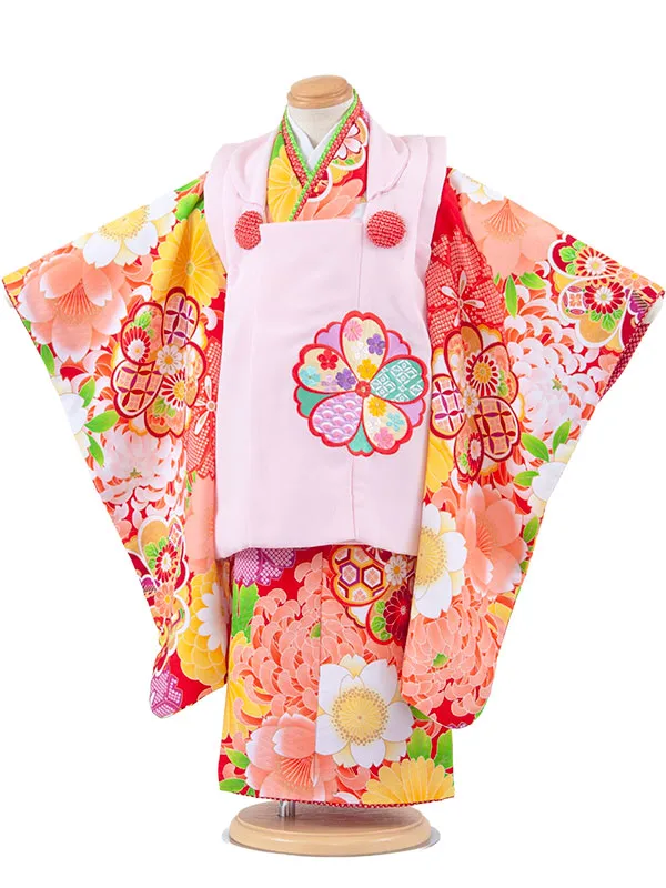 七五三レンタル （3歳女児被布）3690 ピンク×赤 梅 桜