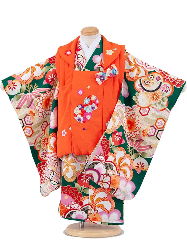 七五三レンタル （3歳女児被布）3692 オレンジ×深緑 ねじり梅