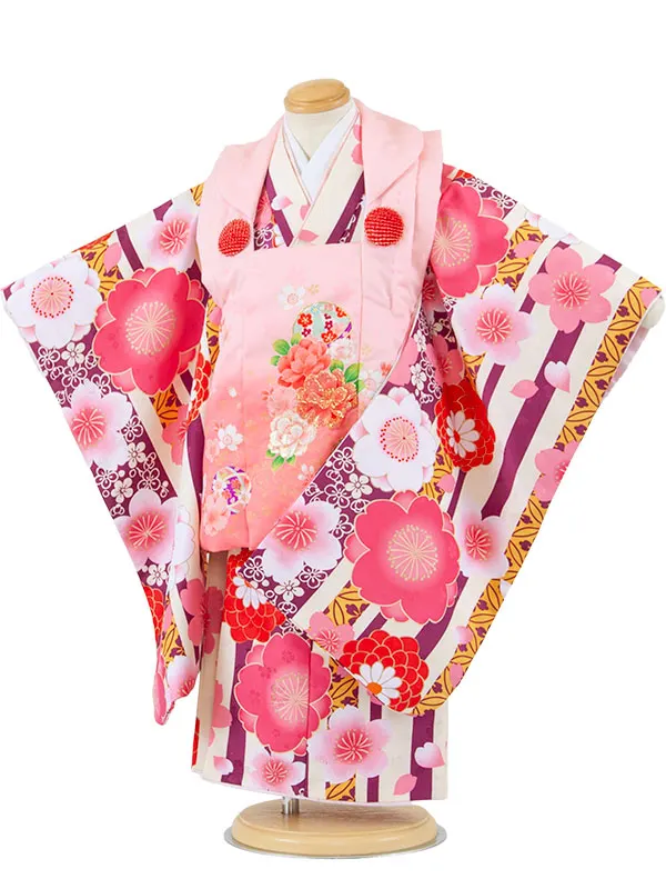 七五三レンタル （3歳女児被布）3696 ピンク×クリームストライプ 梅