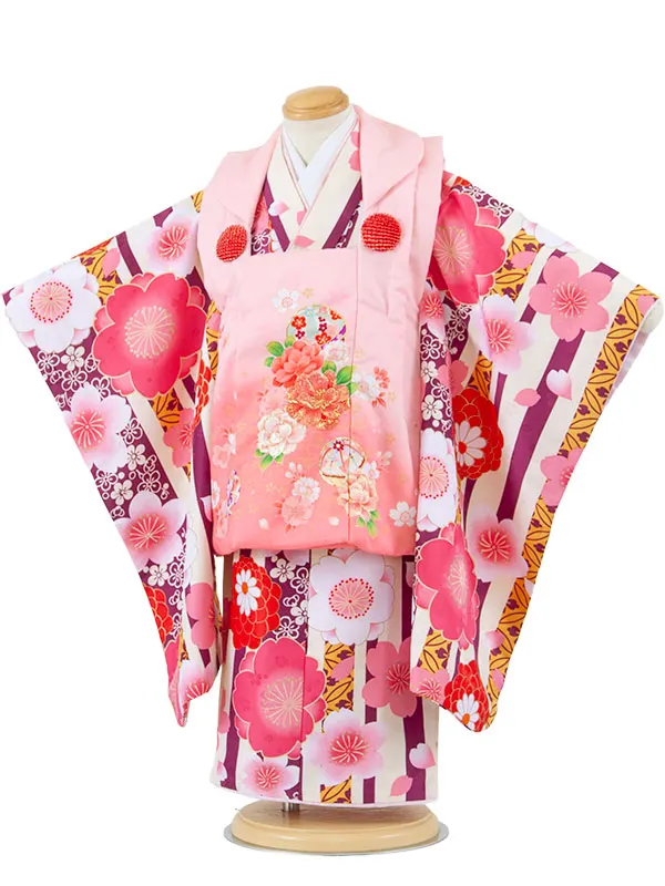 七五三レンタル （3歳女児被布）3696 ピンク×クリームストライプ 梅