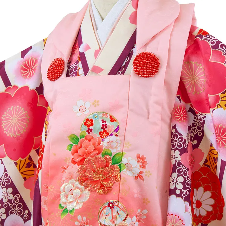 七五三レンタル （3歳女児被布）3696 ピンク×クリームストライプ 梅