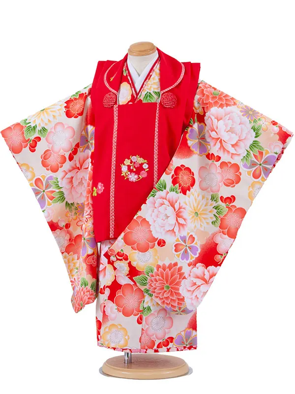 七五三レンタル （3歳女児被布）3698 赤地×アイボリー 梅 牡丹