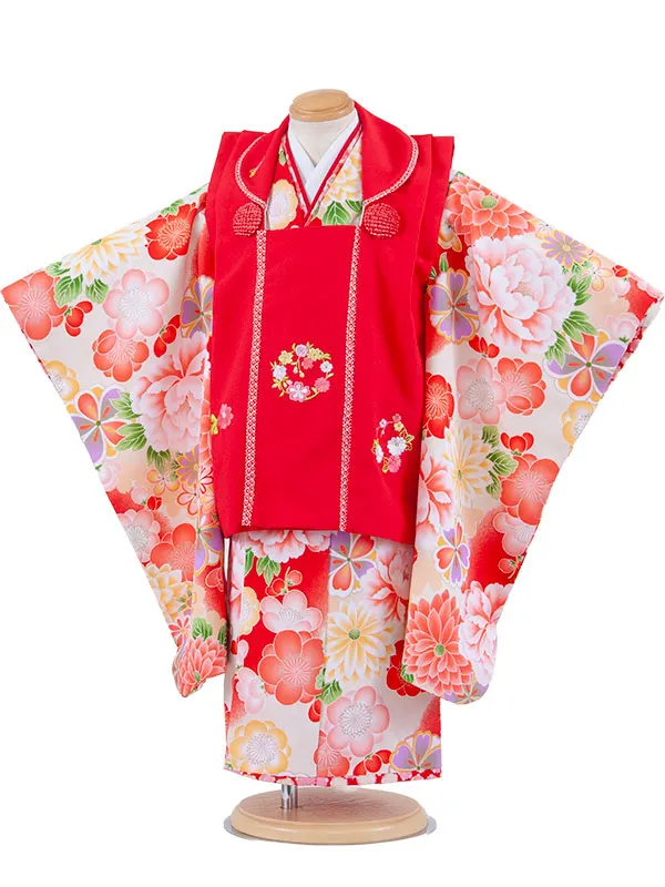 七五三レンタル （3歳女児被布）3698 赤地×アイボリー 梅 牡丹