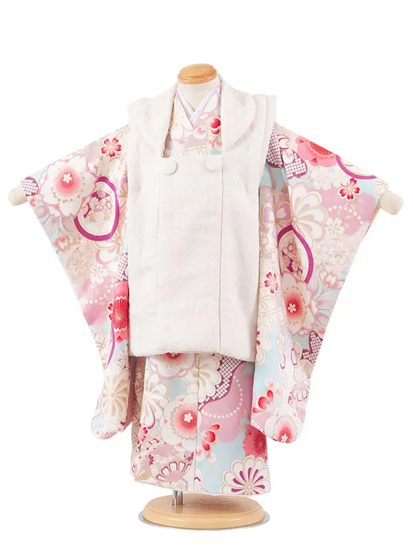 七五三レンタル （3歳女児被布）3705 アイボリー×薄水色 梅に丸紋