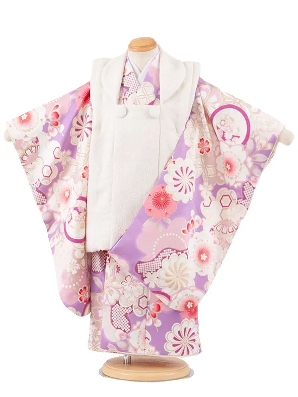 七五三レンタル （3歳女児被布）3707 アイボリー×紫 梅に丸紋