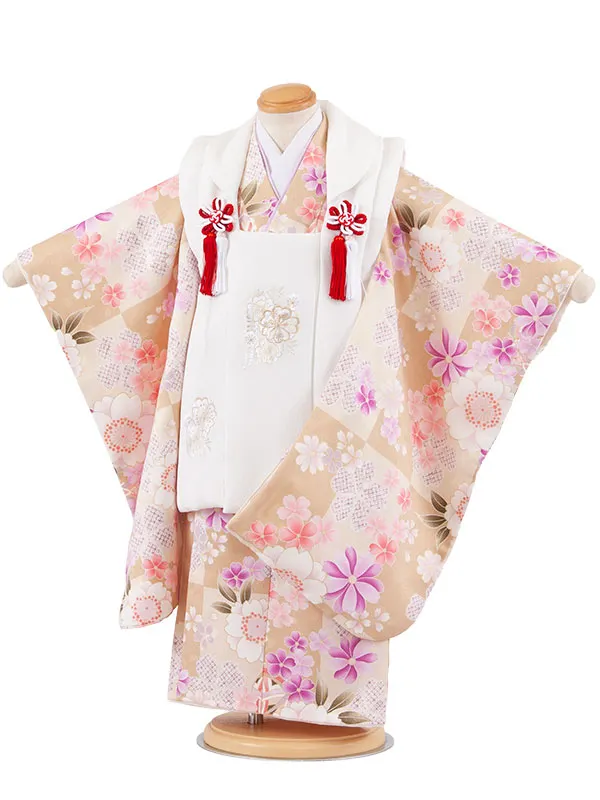 七五三レンタル （3歳女児被布）3711 アイボリー×薄黄土色 桜鞠
