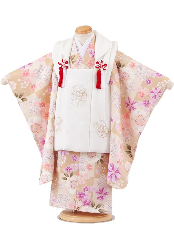七五三レンタル （3歳女児被布）3711 アイボリー×薄黄土色 桜鞠