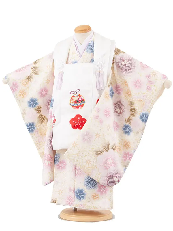 七五三レンタル （3歳女児被布）3712 白×青丹色 絞り調 花づくし