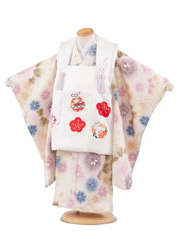 七五三レンタル （3歳女児被布）3712 白×青丹色 絞り調 花づくし